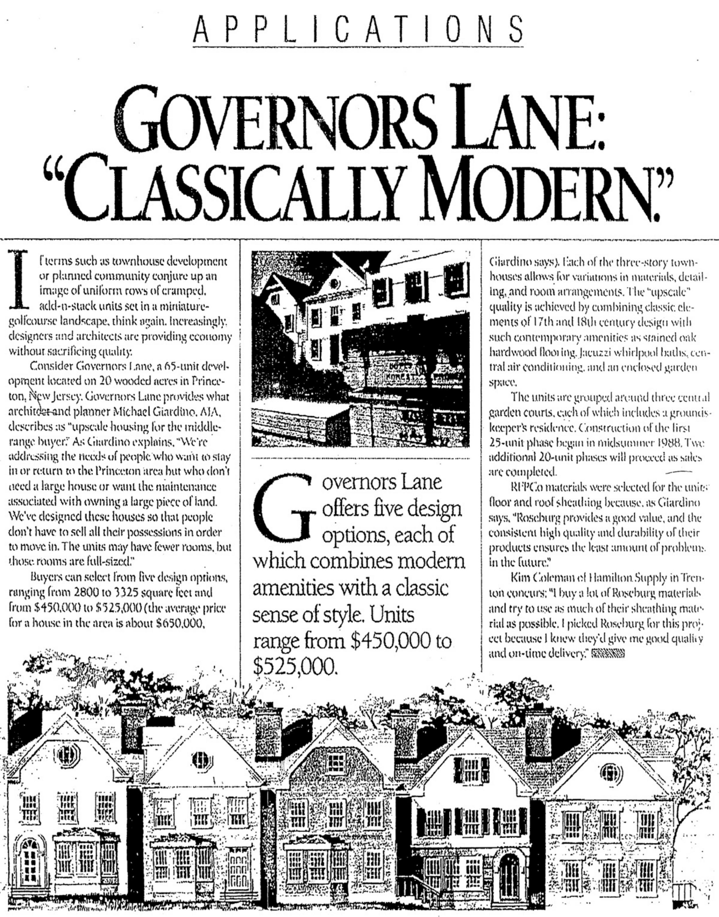 Historical article describing Governors Lane as classically modern
